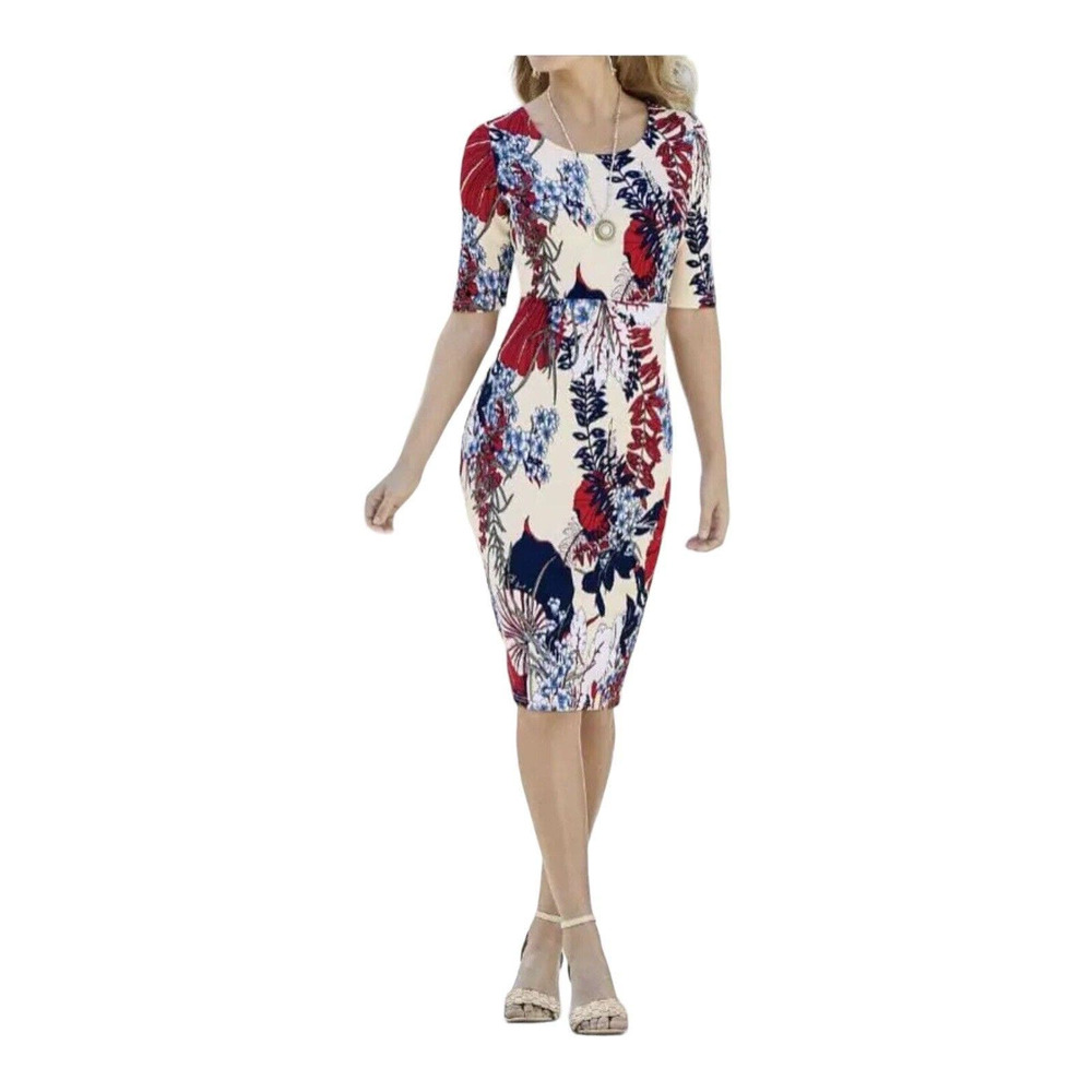 Monroe & Main Career Office Casual Brunch Red Black Blue White Floral Knit Dress